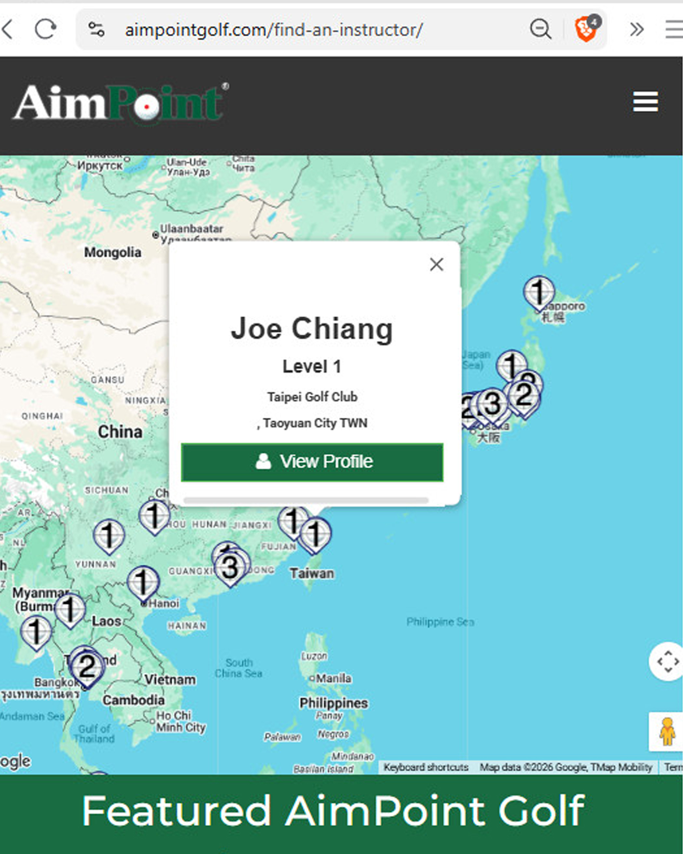 AimPoint 官方網站 Find an Instructor 頁面，顯示 Joe Chiang 的教練資料